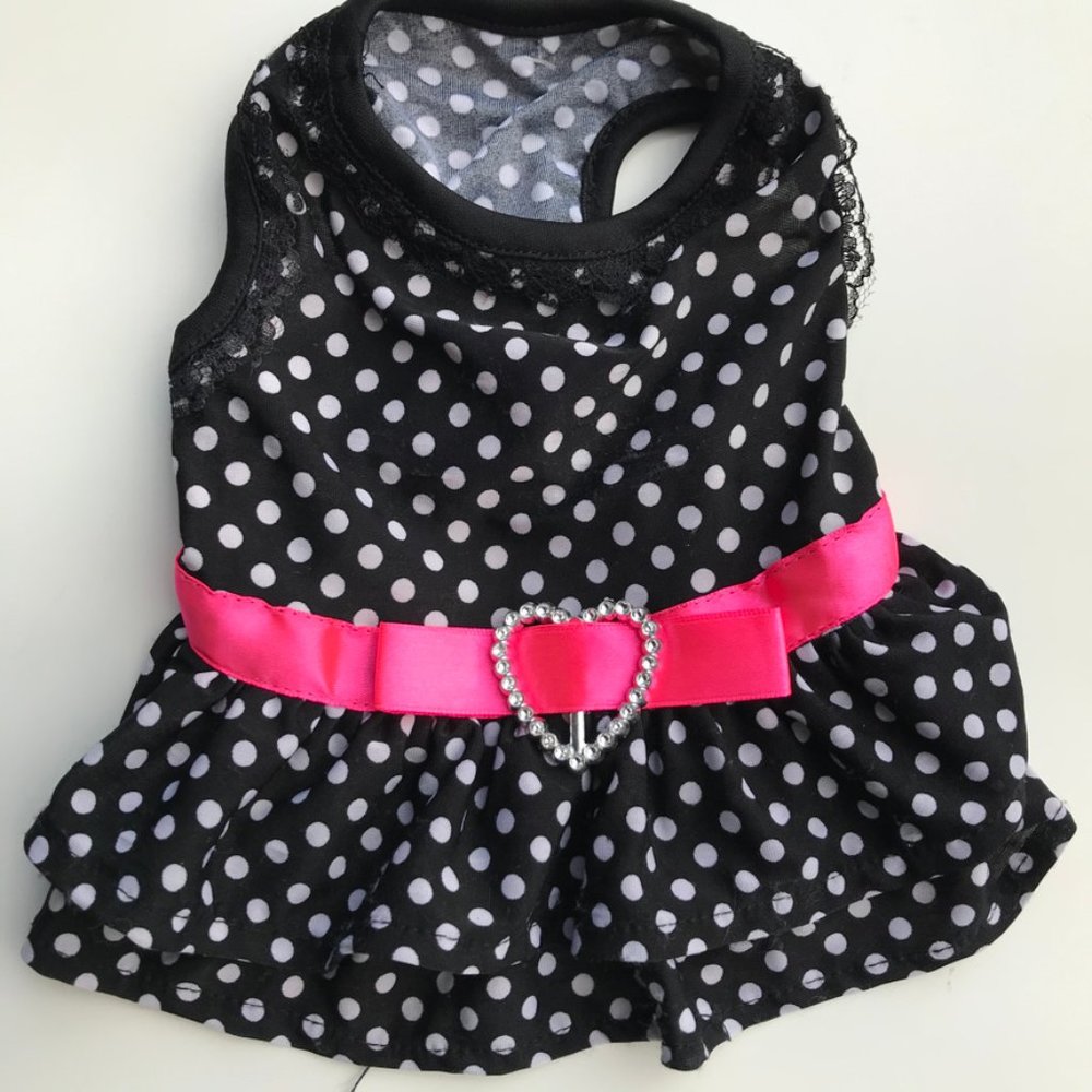 Doghaus poly black/white polkadot with pink ribbon slimy feel dress